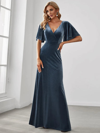 Trendy Double V Neck Velvet Wedding Guest Dress