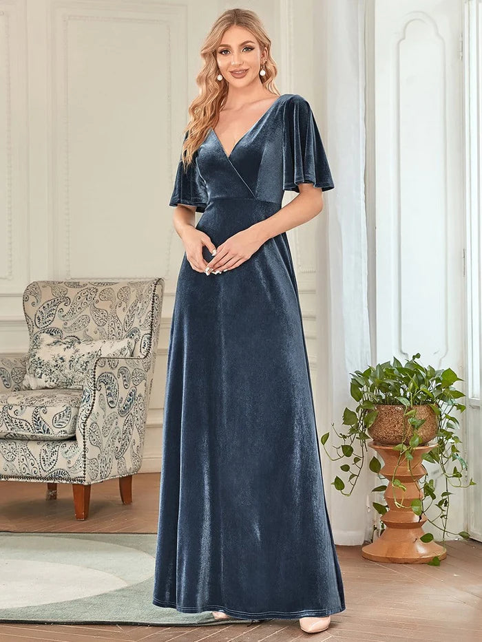 Elegant Double V Neck Velvet Party Dress with Sleeves