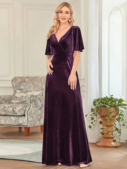 Elegant Double V Neck Velvet Party Dress with Sleeves