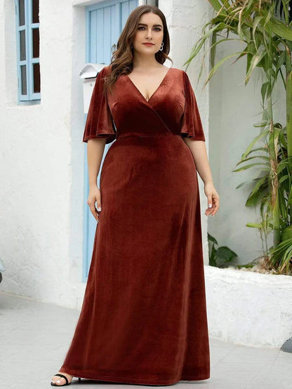 Trendy Double V Neck Velvet Wedding Guest Dress