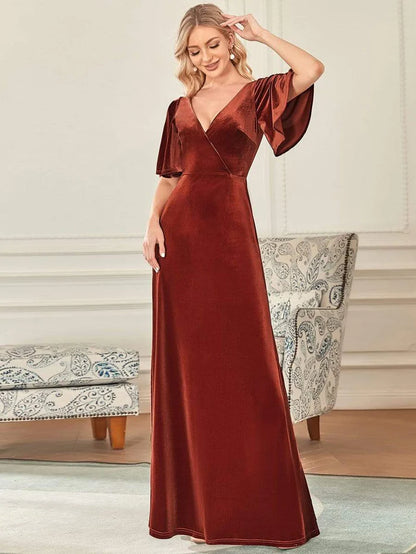 Trendy Double V Neck Velvet Wedding Guest Dress