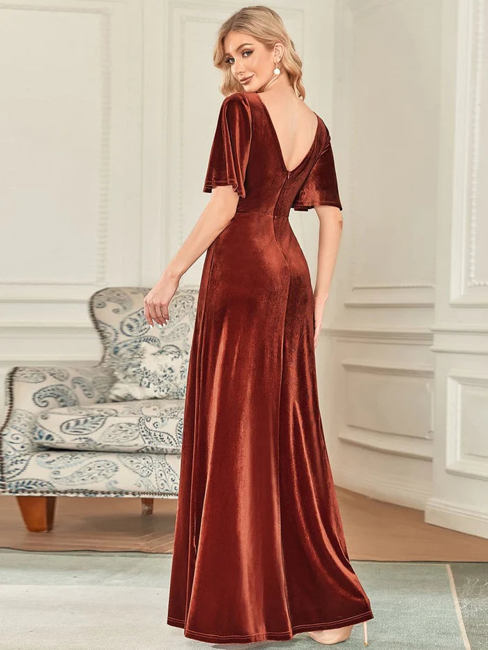 Elegant Double V Neck Velvet Party Dress with Sleeves