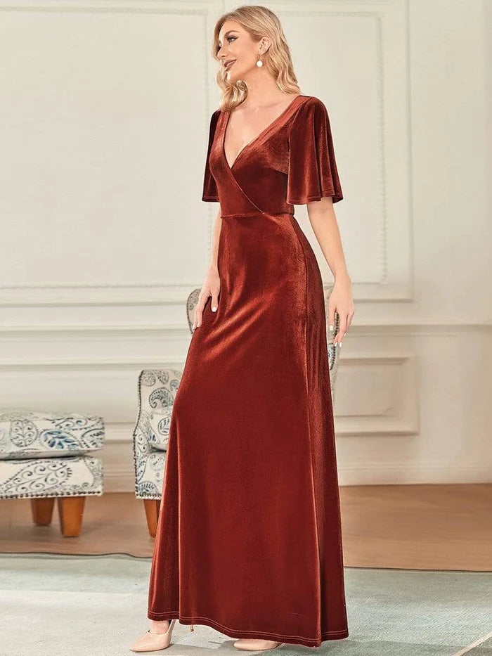 Trendy Double V Neck Velvet Wedding Guest Dress