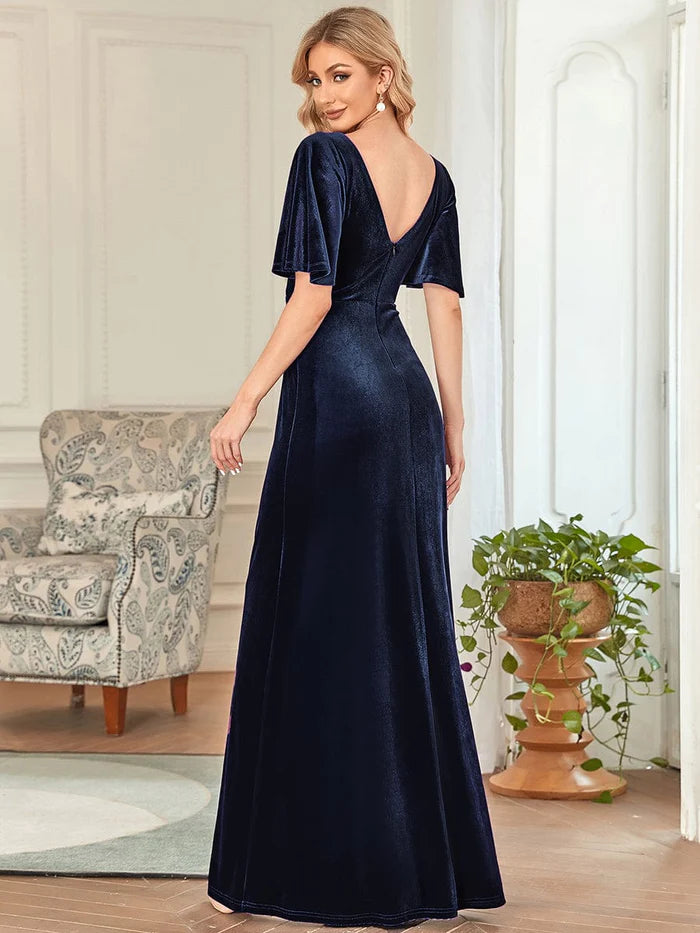 Trendy Double V Neck Velvet Wedding Guest Dress