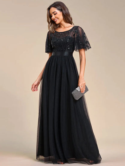 Women's A-Line Short Sleeve Embroidery Floor Length Evening Dresses