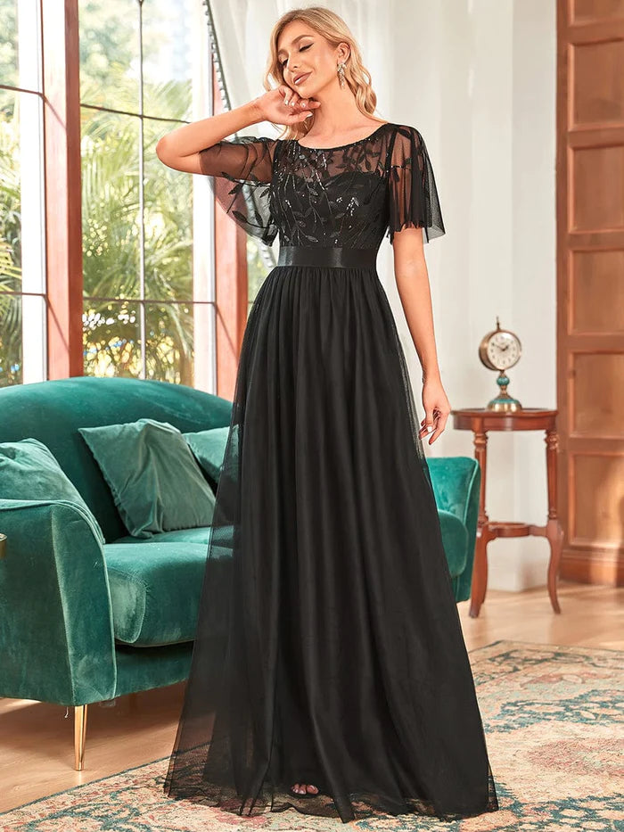 Women's A-Line Sequin Leaf Maxi Prom Dress with Sleeves – Koutun Dress