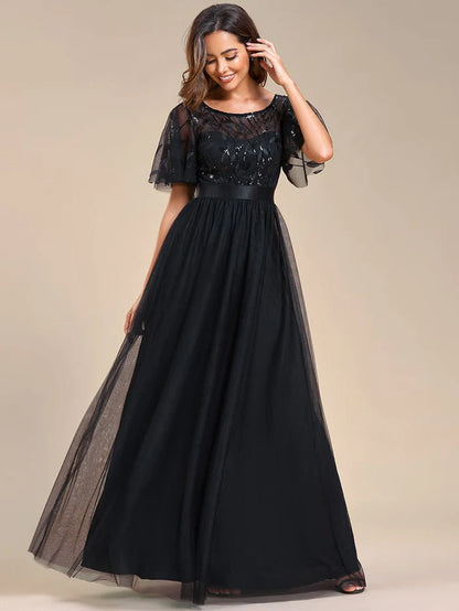 Women's A-Line Short Sleeve Embroidery Floor Length Evening Dresses