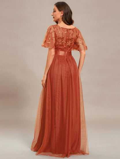 Women's A-Line Short Sleeve Embroidery Floor Length Evening Dresses