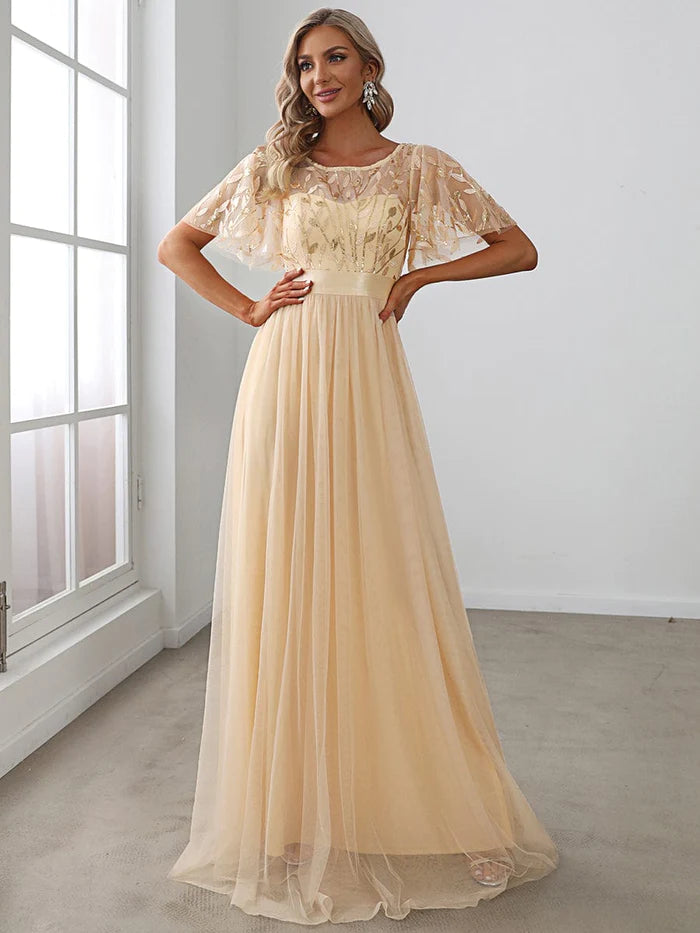 Women's A-Line Sequin Leaf Maxi Prom Dress with Sleeves – Koutun Dress