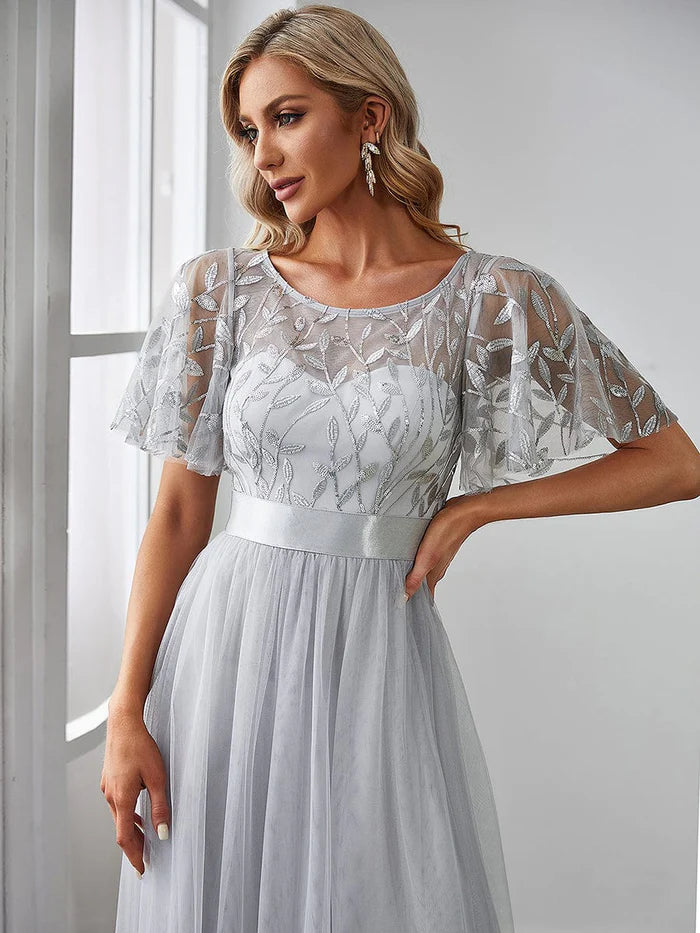 Women's A-Line Short Sleeve Embroidery Floor Length Evening Dresses