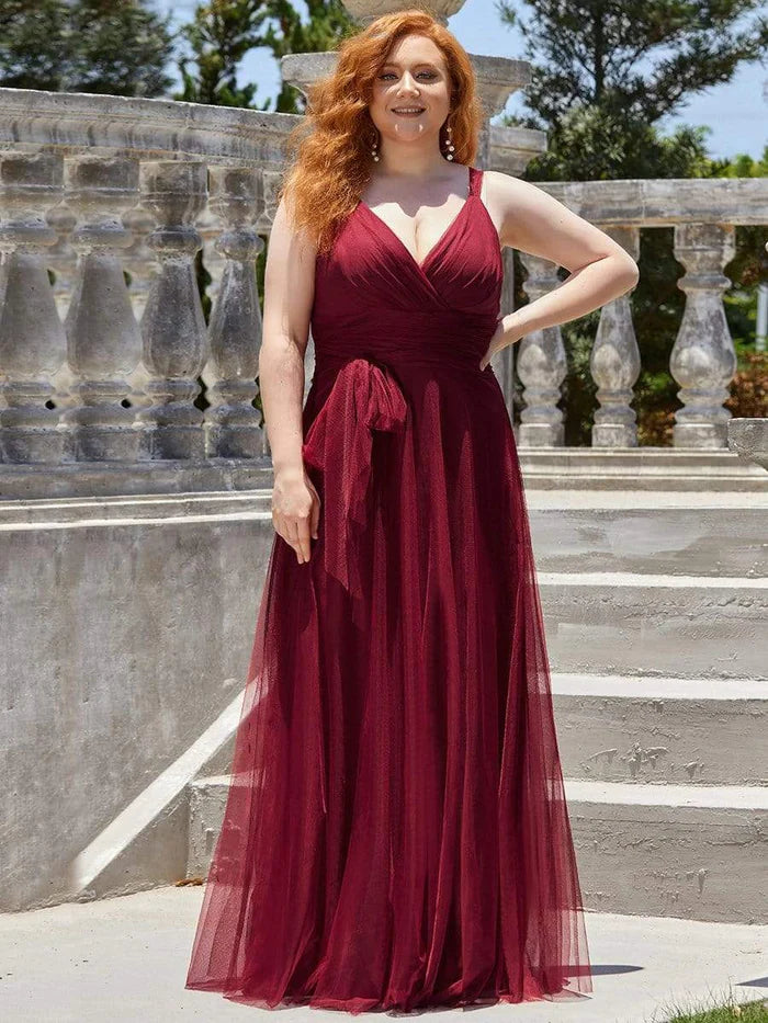 Plus Size Maxi Long Double V Neck Tulle Bridesmaid Dresses