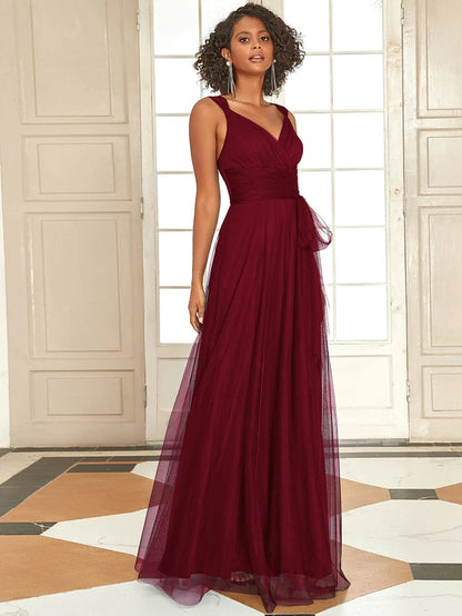 Floor Length Double V Neck Tulle Bridesmaid Dresses