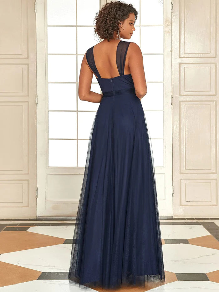 Floor Length Double V Neck Tulle Bridesmaid Dresses