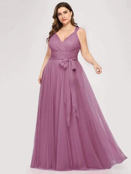 Floor Length Double V Neck Tulle Bridesmaid Dresses