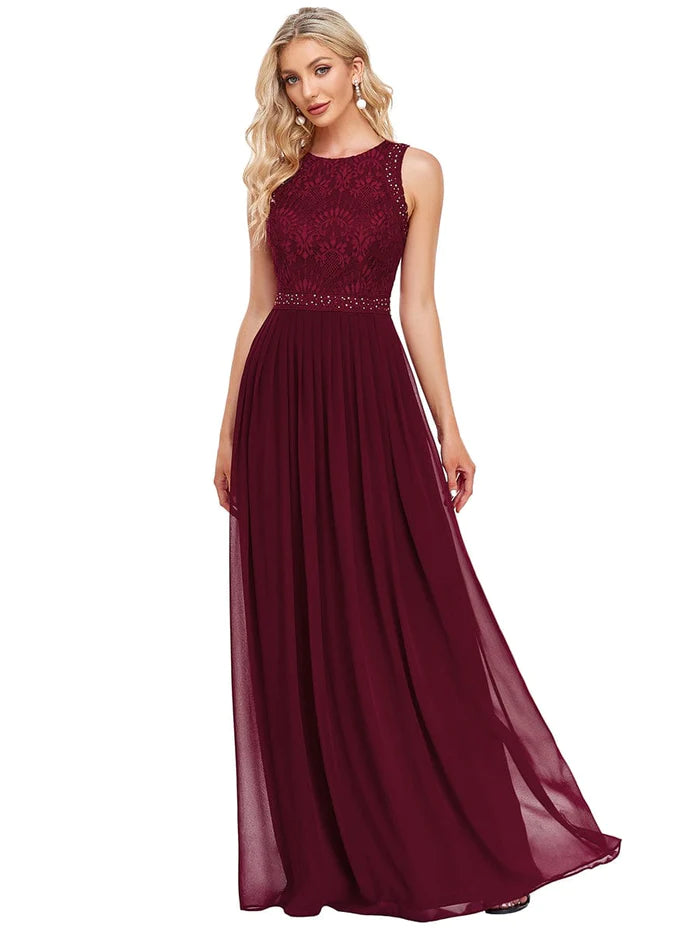 Empire Waist Sleeveless Maxi Long A Line Lace Bridesmaid Dresses