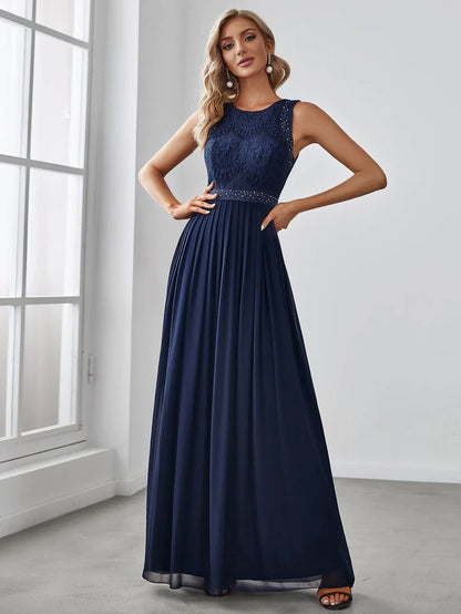 Empire Waist Sleeveless Maxi Long A Line Lace Bridesmaid Dresses