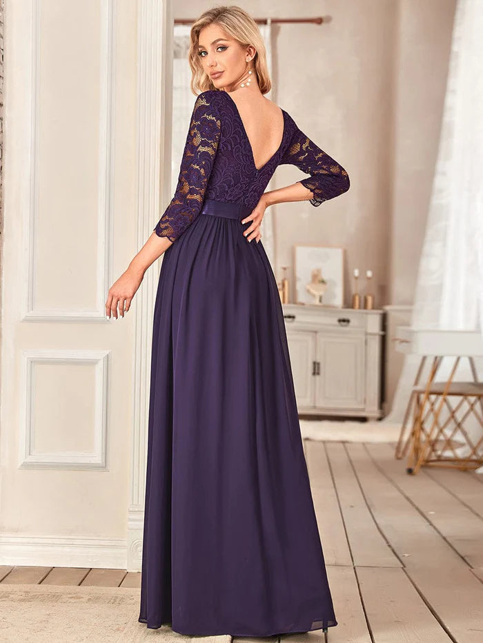 See-Through Floor Length Lace Bridesmaid Dress with Half Sleeve