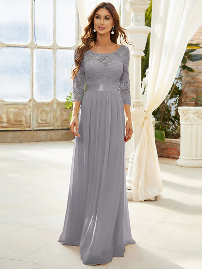 See-Through Floor Length Lace Evening Dress with Half Sleeve