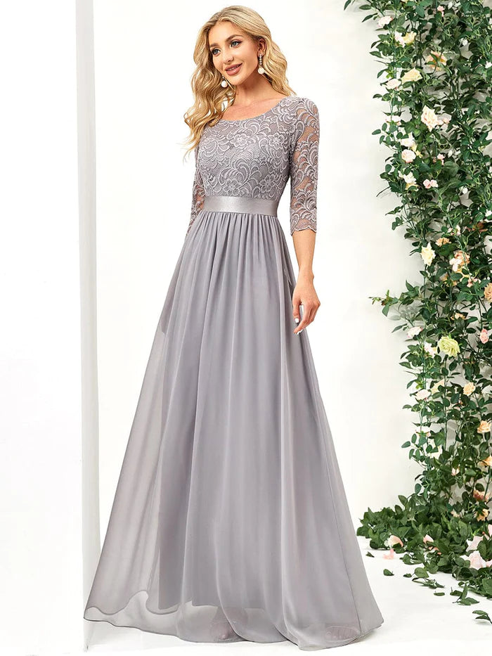 See-Through Floor Length Lace Chiffon Evening Dress with Half Sleeve