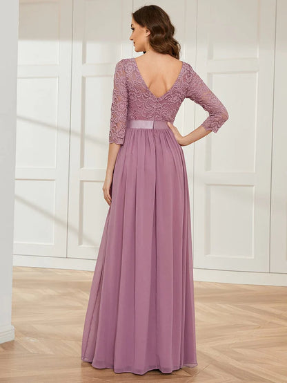 See-Through Floor Length Lace Evening Dress with Half Sleeve