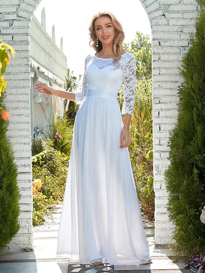 See-Through Floor Length Lace Evening Dress with Half Sleeve