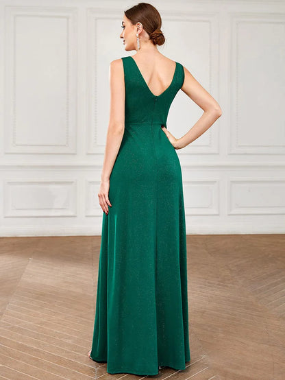 Floor Length V Neck Shiny Evening Dress with Side Slit