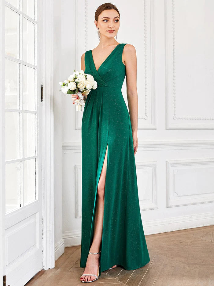 Floor Length V Neck Shiny Evening Dress with Side Slit