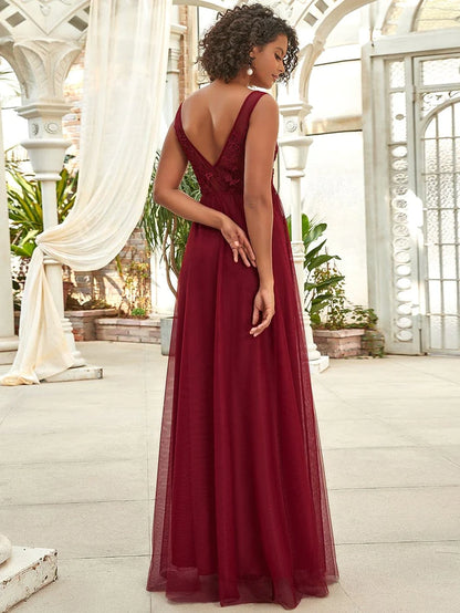 Elegant Sleeveless Applique Flowy Tulle Evening Dress