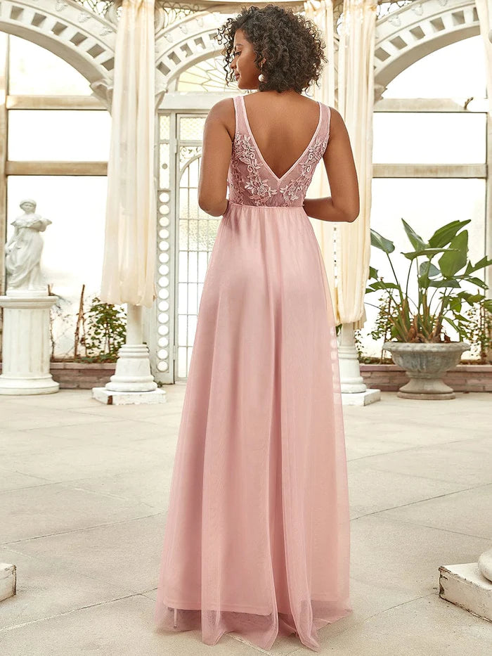 Elegant Sleeveless Applique Flowy Tulle Evening Dress