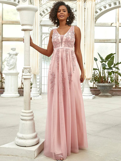 Elegant Sleeveless Applique Flowy Tulle Evening Dress