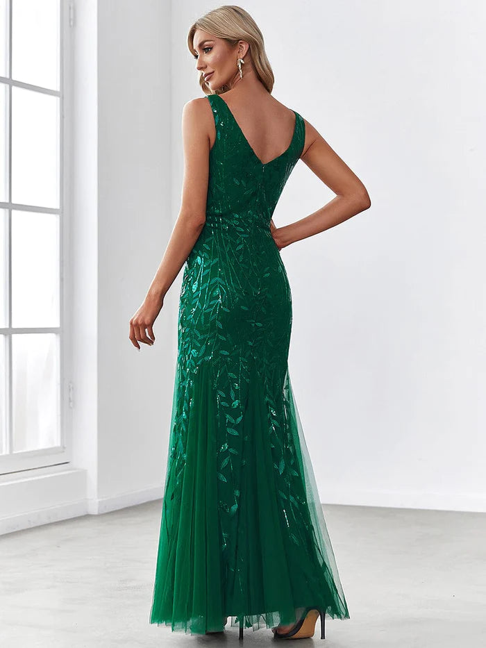 Sexy Double V-Neck Mermaid Sequin Evening Maxi Dress for Women