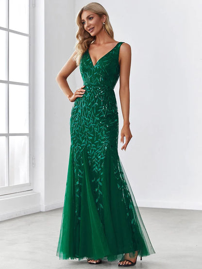 Sexy Double V-Neck Mermaid Sequin Evening Maxi Dress for Women