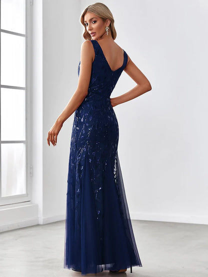 Sexy Double V-Neck Mermaid Sequin Evening Maxi Dress for Women