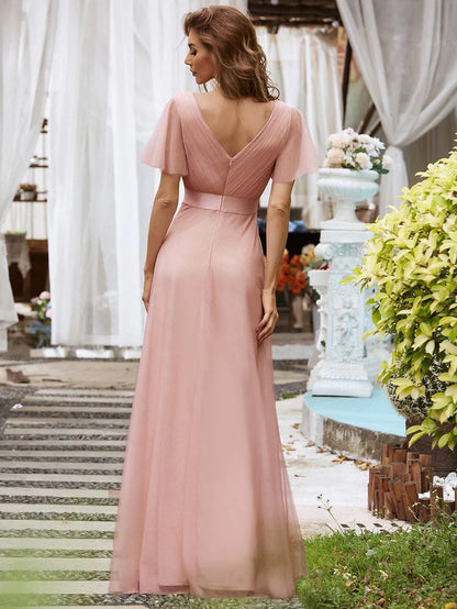 Women's Double V-Neck Floor-Length Bridesmaid Dress with Short Sleeve