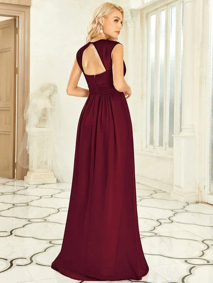 Ruched V-neck Floor Length Elegant Bridesmaid Dress