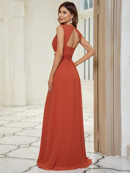 Ruched V-neck Floor Length Elegant Bridesmaid Dress