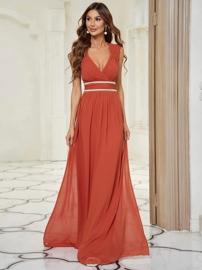 Ruched V-neck Floor Length Elegant Bridesmaid Dress