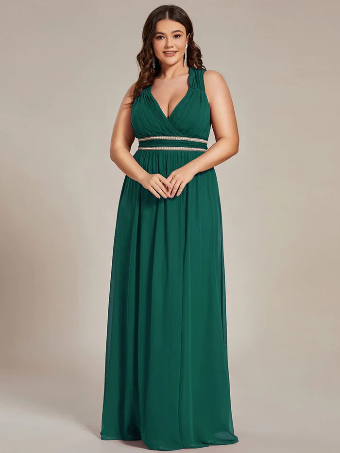 Plus Size Sleeveless Beaded Belt Chiffon Formal Evening Dress