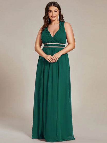 Plus Size Sleeveless Beaded Belt Chiffon Formal Evening Dress