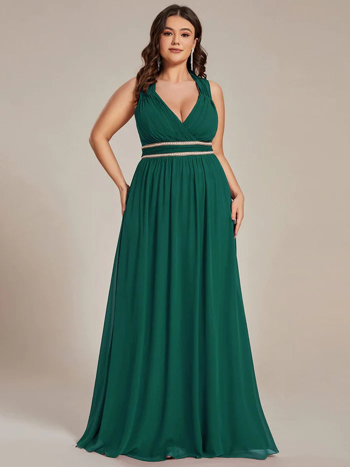 Plus Size Sleeveless Beaded Belt Chiffon Formal Evening Dress