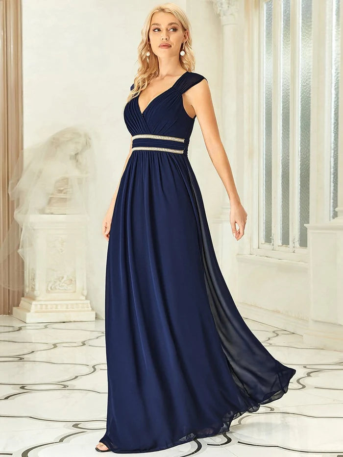 Ruched V-neck Floor Length Elegant Bridesmaid Dress