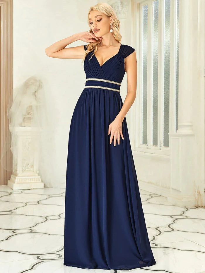 Ruched V-neck Floor Length Elegant Bridesmaid Dress