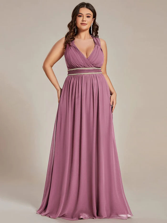 Plus Size Sleeveless Beaded Belt Chiffon Formal Evening Dress