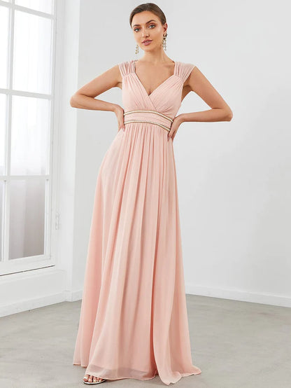 Ruched V-neck Floor Length Elegant Bridesmaid Dress