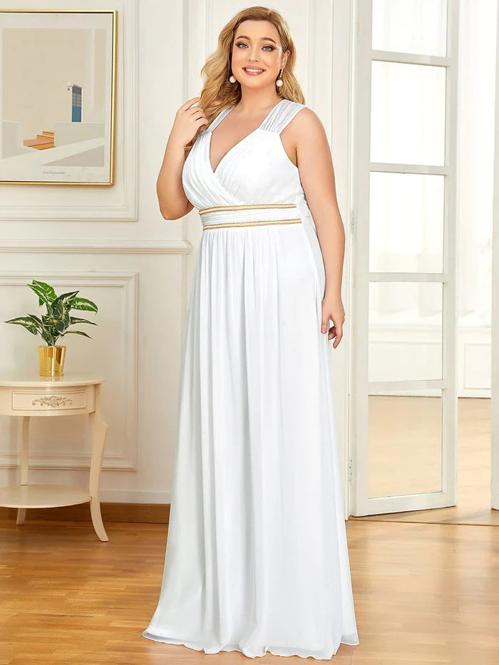 Plus Size Sleeveless Beaded Belt Chiffon Formal Evening Dress