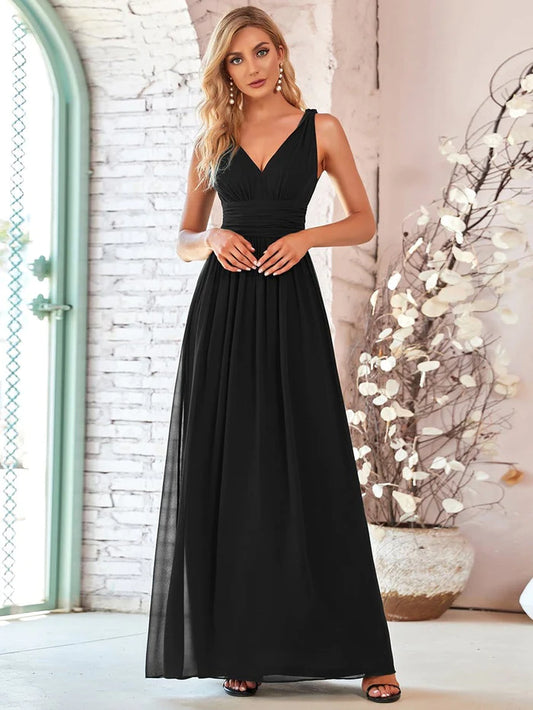 Pleated Sleeveless V-Neck Chiffon Maxi Dress