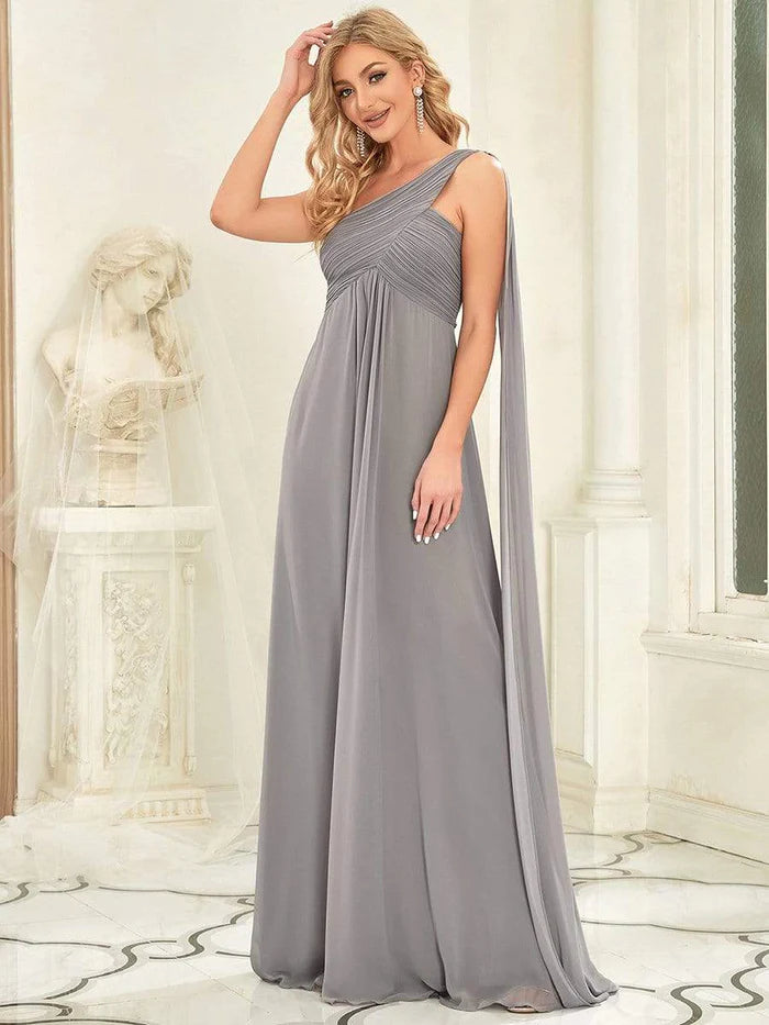 Pleated One Shoulder Long Chiffon Formal Evening Dress