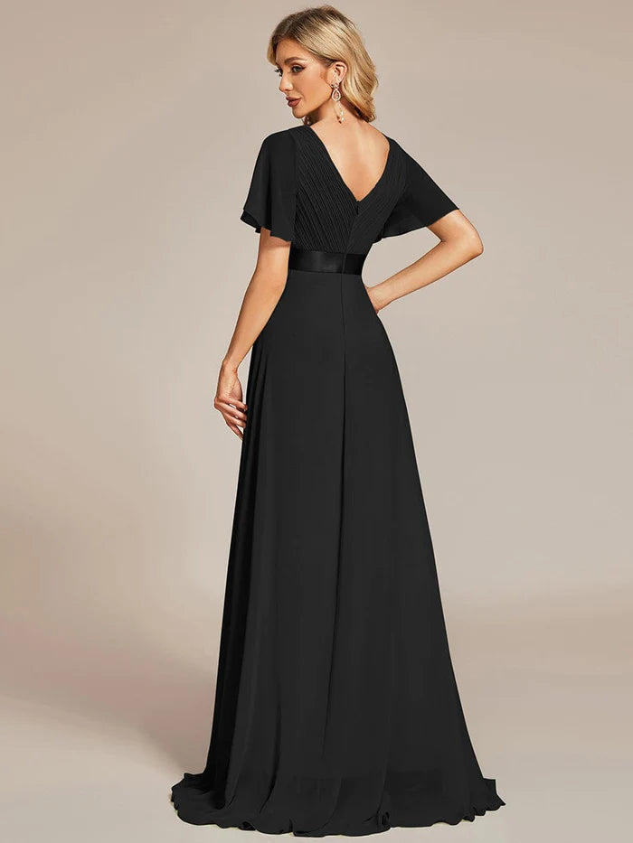 Empire Waist Floor Length Bridesmaid Dress with Short Flutter Sleeves