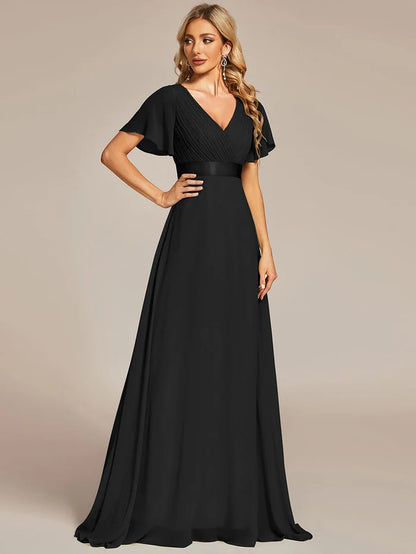 High Waist Maxi Chiffon Bridesmaid Dress with Short Sleeves