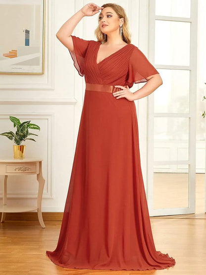 Empire Waist Floor Length Bridesmaid Dress with Short Flutter Sleeves